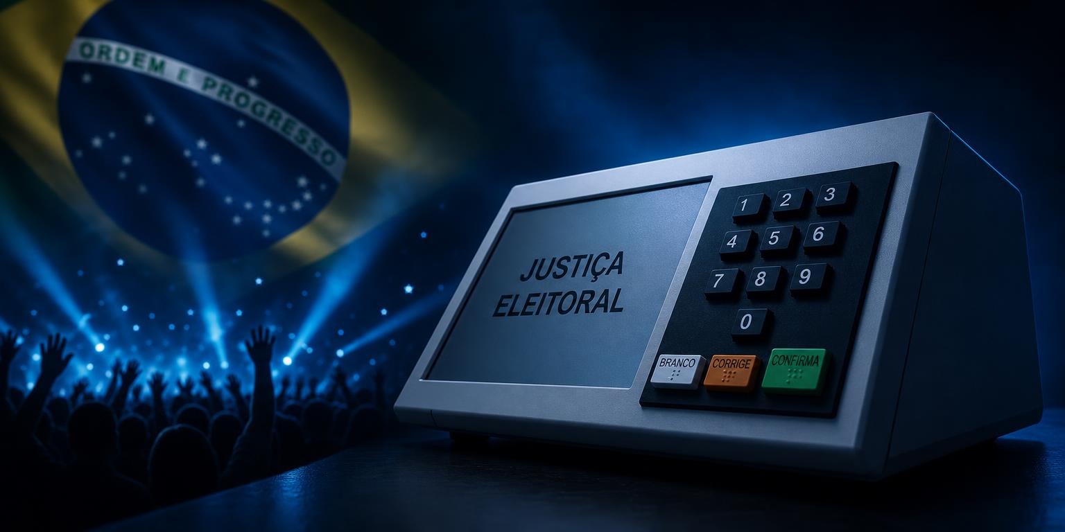 Urna eletrônica com a bandeira do Brasil e público ao fundo